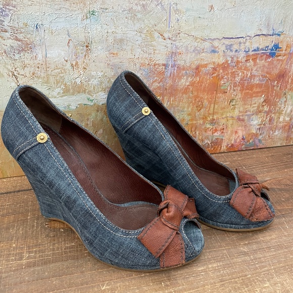 MIU MIU Peep Toe Blue Denim Wedge Heels w/Leather Bow - Picture 1 of 13